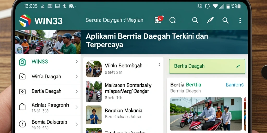 Tampilan aplikasi WIN33 dengan berita daerah terbaru.